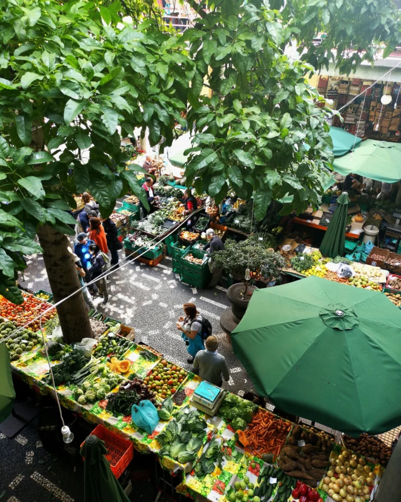 Birds eye view of fresh produce at a local farmers market